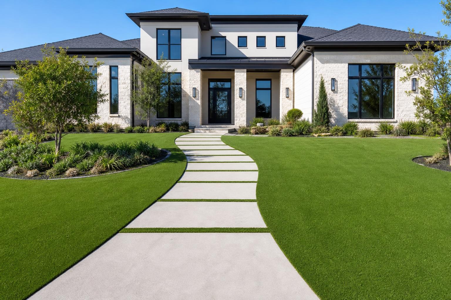 Modern Craig Ranch Celina TX home with artificial turf front lawn and stone path