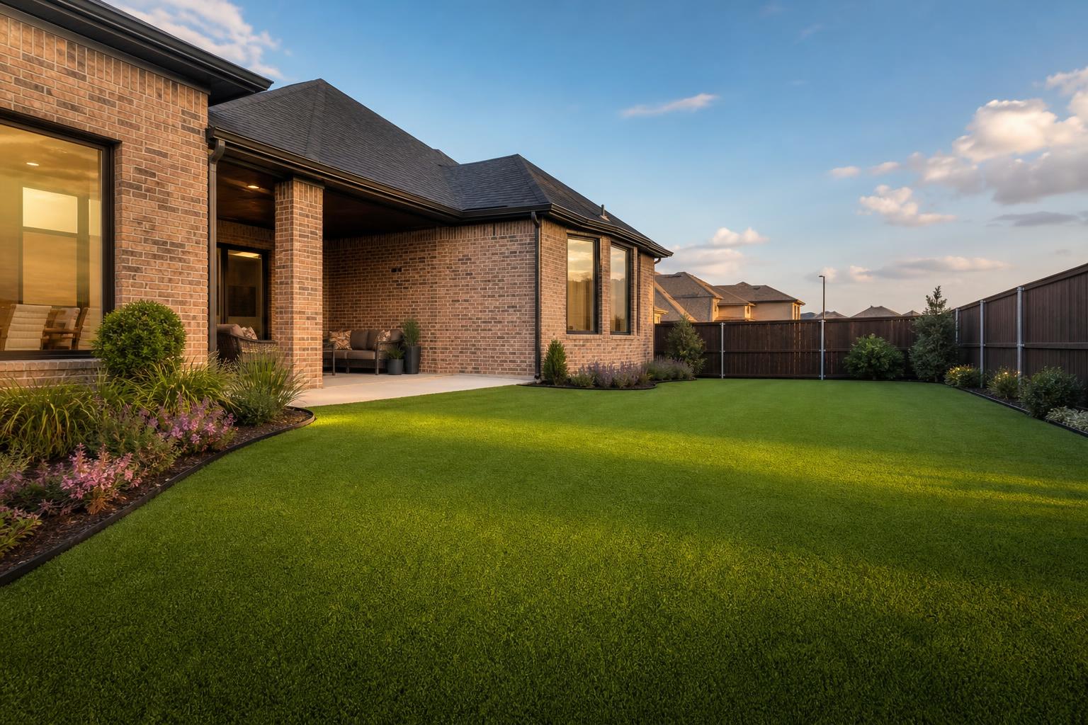 Freshly installed artificial turf lawn at a Celina TX home with brick exterior and golden hour lighting