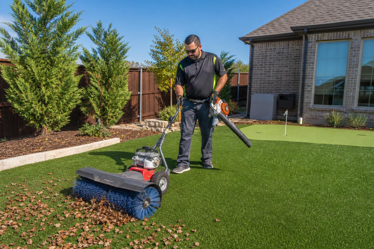 Power broom grooming artificial turf in a Celina TX backyard