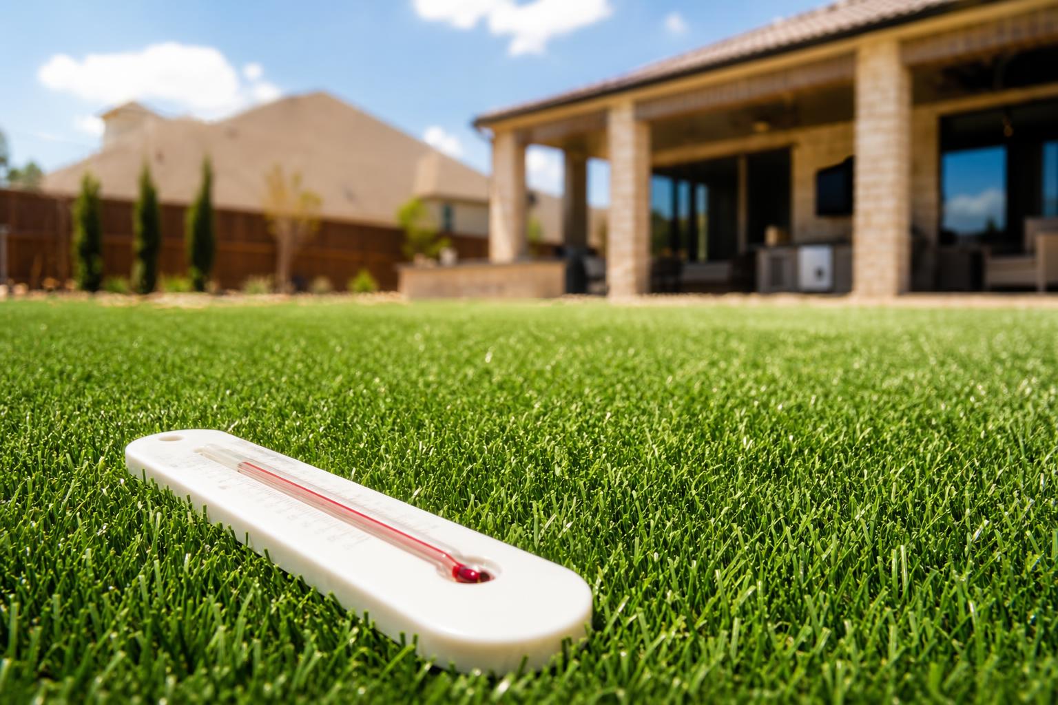 Thermometer resting on artificial turf in a Celina TX backyard during summer