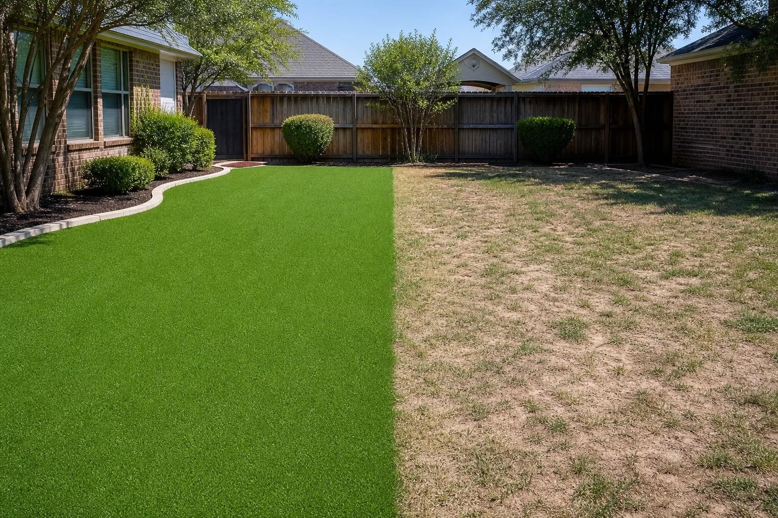 Side by side comparison of artificial turf and dry natural grass in a Celina backyard